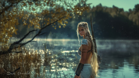beautiful girl in the image of an ancient warrior on the river bankの素材