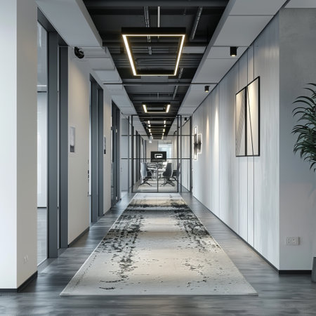 3d render of modern hallway with white walls, concrete floor and ceilingの素材