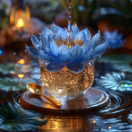 Blue lotus flower in a cup of tea on the table.の素材