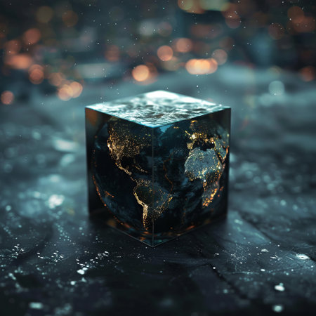 3d illustration of a cube with the planet Earth on a dark backgroundの素材