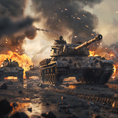 War Concept. Military silhouettes fighting scene on war fog sky background, World War Soldiers Silhouettes Below Cloudy Skyline At night. Attack scene. Armored vehicles. Tanks battle. Decorationの素材