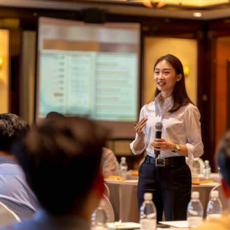 Asian businesswoman giving a speech in a conference hall. Business and entrepreneurship concept.の素材