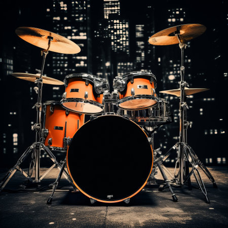 Drum set on the stage with city background. Music concept.の素材