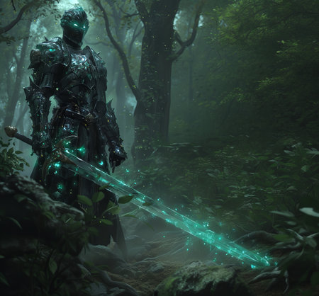 Fantasy scene of a knight in the forest. 3D rendering.の素材