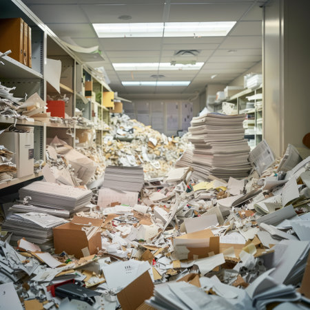 Pile of papers in a waste store. Shallow depth of field.の素材
