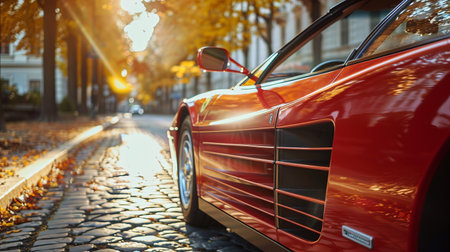 Red car on the road in the autumn city. Close-upの素材