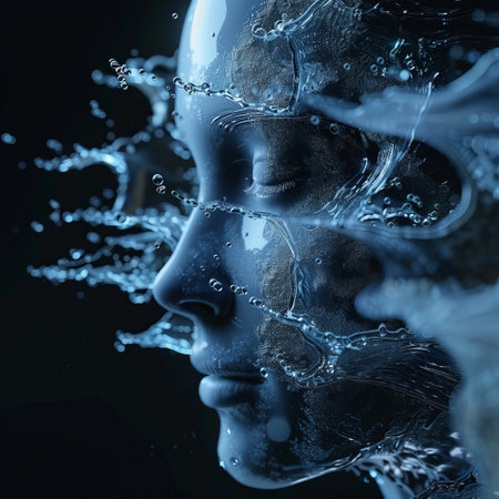 3d rendering of a female face with water splash on black backgroundの素材