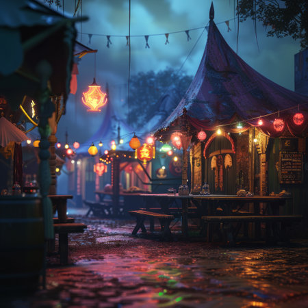 Traditional fairground tent in the middle of foggy city at nightの素材