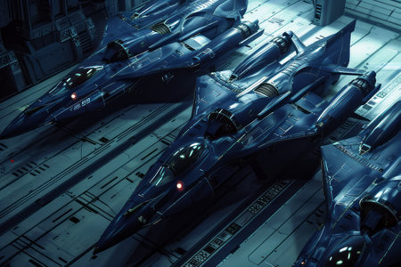 Futuristic fighter jet on the background of a spaceship. 3d renderingの素材