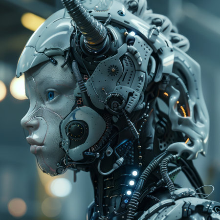 3D rendering of a female robot in a futuristic science fiction sceneの素材