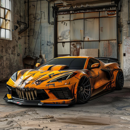 3D rendering of a brand-less generic concept car in a garageの素材