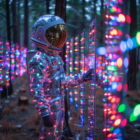 Astronaut in the forest with Christmas lights on the background.の素材
