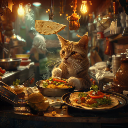 Cat in a restaurant with food. Cat at the table. Cat in a restaurant.の素材