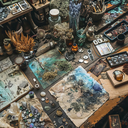 Dried herbs and spices on the table of an old witch.の素材