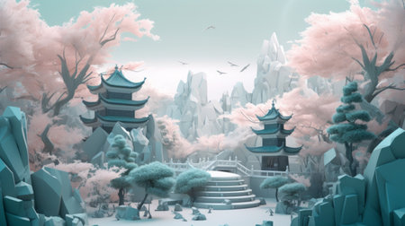3D rendering of a fantasy landscape with a Chinese temple in the backgroundの素材
