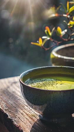 Green tea in ceramic bowl on wooden table with sunlight, stock photoの素材