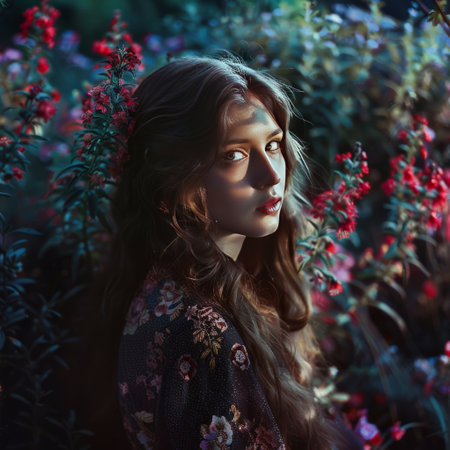 Portrait of a beautiful girl in a blooming garden. Beauty, fashion.の素材
