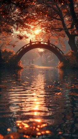 Autumn landscape with lake and bridge in the park at sunset.の素材