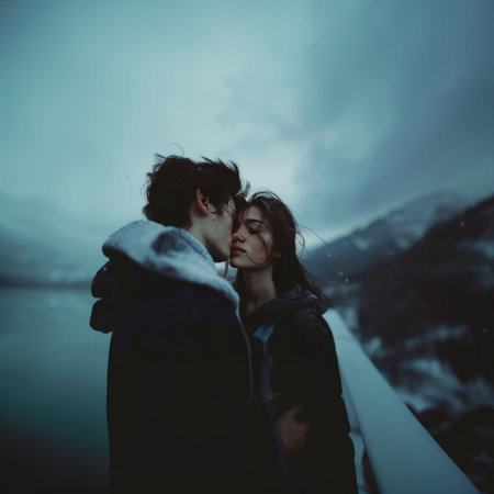 Young couple in love embracing and kissing on the background of the lake.の素材