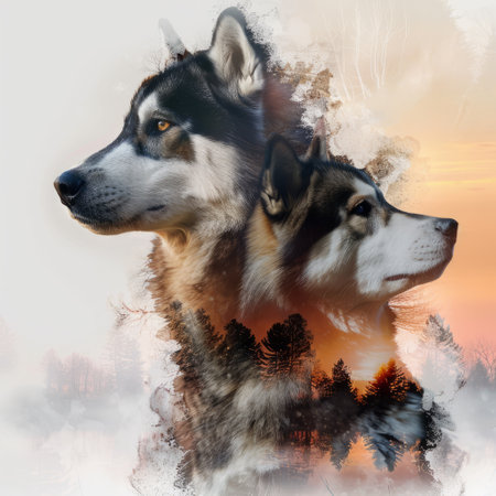 siberian husky dogs on a background of the beautiful sunsetの素材