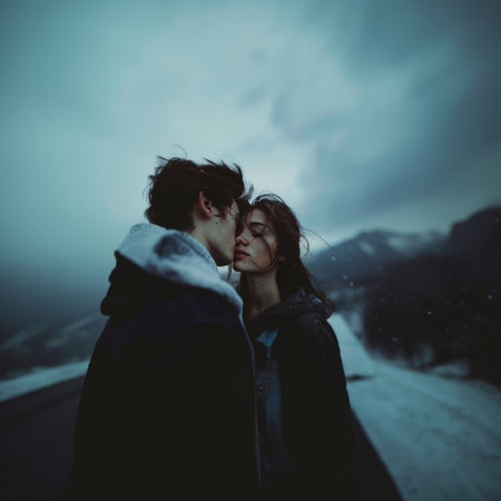 Young couple in love hugging and kissing on the background of snowy mountainsの素材