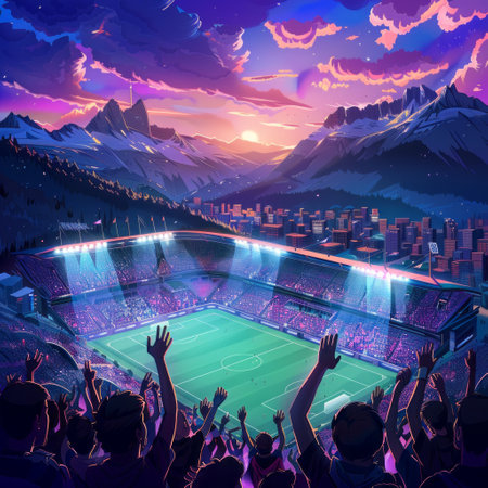 Illustration of a soccer stadium with fans in front of the sunsetの素材