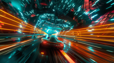 Car driving fast on the road in the tunnel with motion blur backgroundの素材