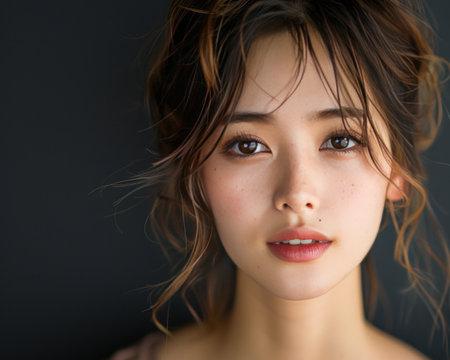 Portrait of a beautiful young woman with natural makeup and brown hairの素材