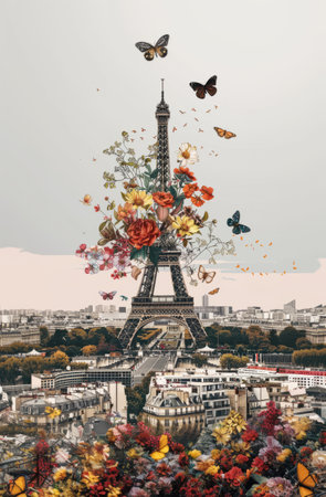 Paris, Eiffel Tower with flowers and butterflies. Mixed mediaの素材