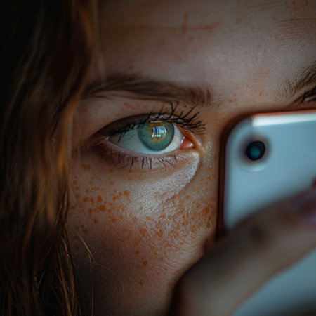 Close up of a girl's face with mobile phone in her handの素材