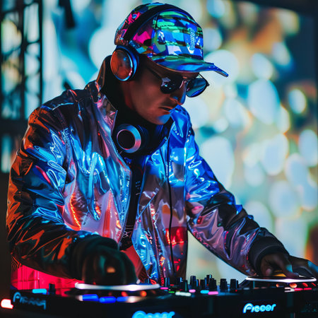 DJ playing music at the nightclub. Close-up of a male disc jockey mixing music on turntable.の素材