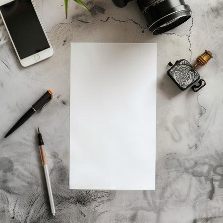Mockup of blank paper, camera, pen and smartphonele backgroundの素材