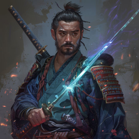 Portrait of a man warrior with a sword in his hands.の素材