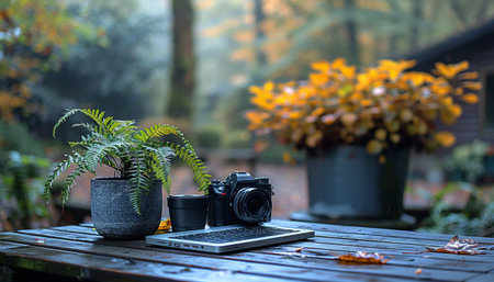 Laptop, camera and plant on a wooden table in the gardenの素材