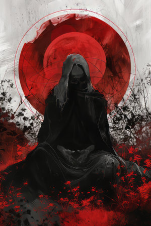 Mysterious woman in a dark cloak with a red sun in the backgroundの素材