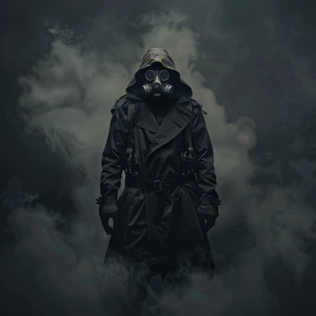 Man in gas mask and smoke on dark background. Halloween concept.の素材