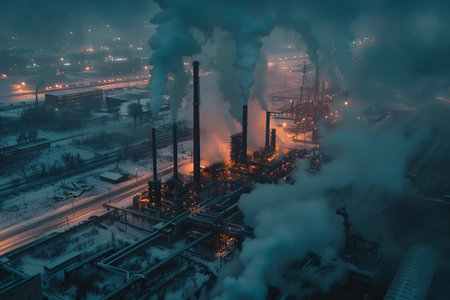 Aerial view of power plant at night with smoke from chimneysの素材