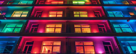 Multi-storey building with colorful neon lights. Real estate concept.の素材
