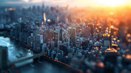 Aerial view of modern city at sunset. 3D Renderingの素材