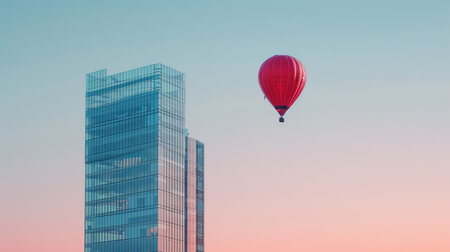 Hot air balloon flying over skyscrapers in Frankfurt, Germany.の素材