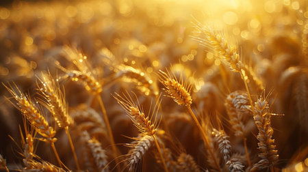 Golden ears of wheat on the field at sunset. Shallow depth of fieldの素材