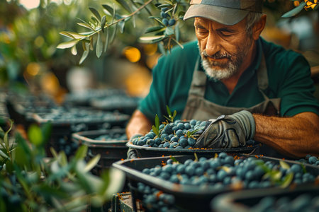 Senior farmer harvesting olives in the olive grove. Selective focus.の素材