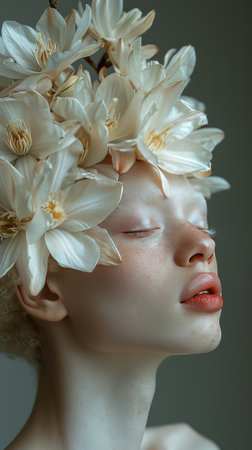 Beautiful young woman with a wreath of white flowers on her headの素材