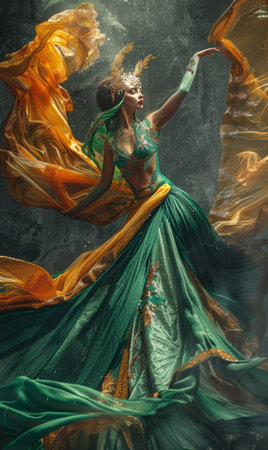 Beautiful young woman in a green dress dancing flamenco.の素材