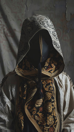Portrait of a mannequin in a medieval costume on a gray backgroundの素材