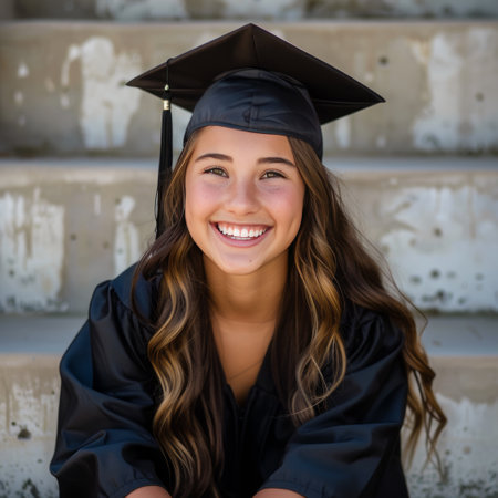Portrait of a smiling young woman in graduation gown sitting on stairsの素材