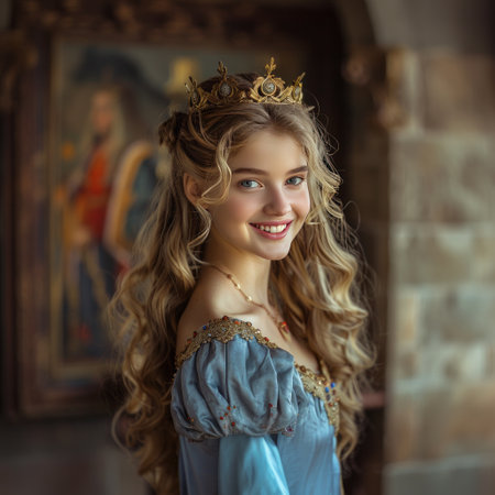Portrait of a beautiful princess in a blue dress with a crownの素材