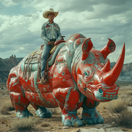 Cowboy riding a rhinoceros in the Arizona desert.の素材