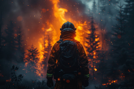 Firefighter in the forest. Firefighters fighting fires in the forest.の素材