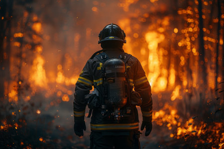 Firefighter in uniform and helmet fighting fire in the forest at night.の素材